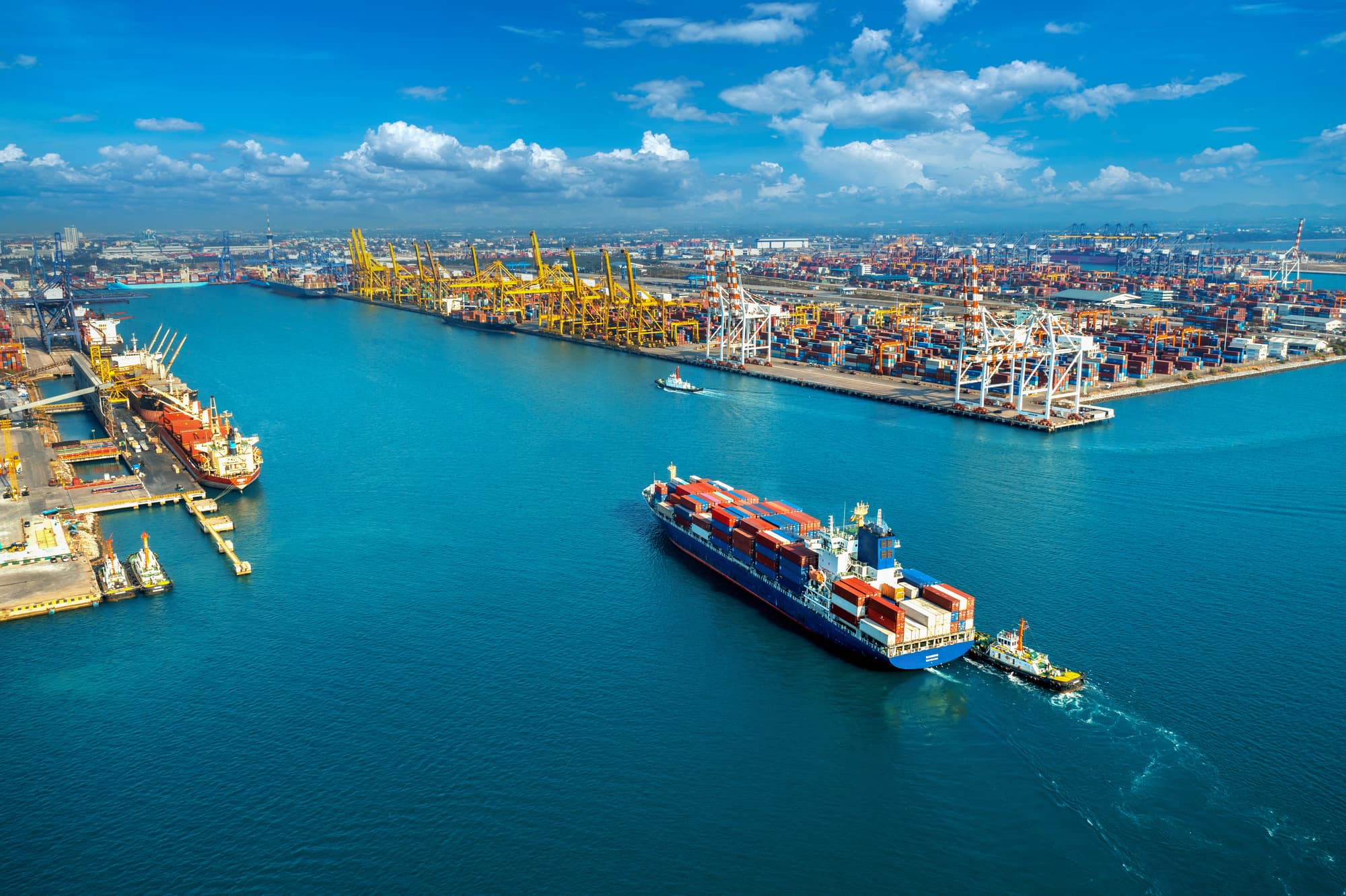 Aerial view of a container ship at a port